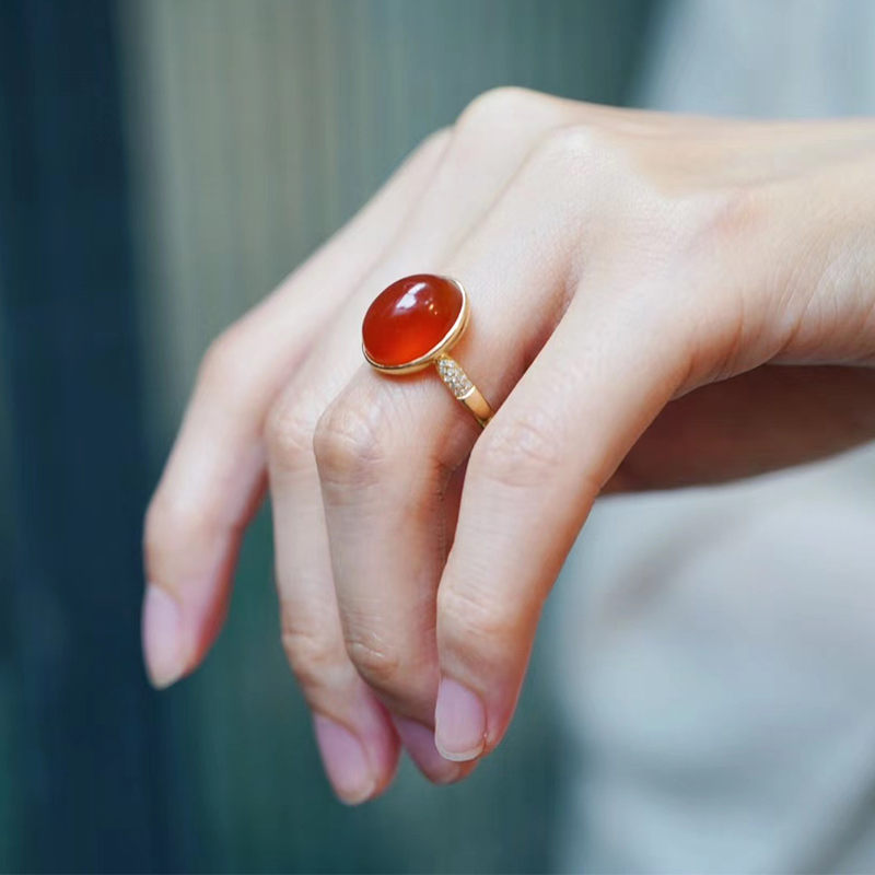 天然保山a冰红蛋面戒指925银镀18K金樱桃红复古红玛瑙女款指环活