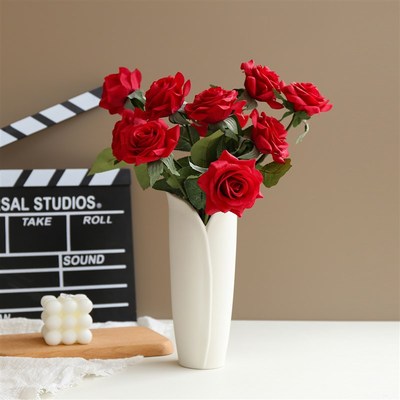 简约现代白色陶瓷大口径花瓶摆件客厅插干花器水养V郁金香餐桌装