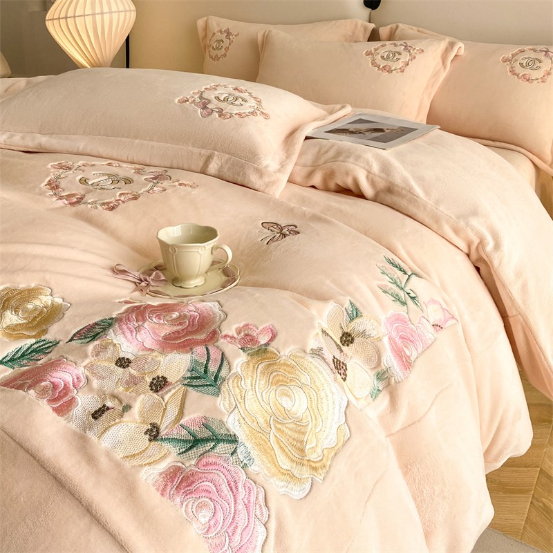 田园风刺b绣牛奶绒四件套床笠被套加绒珊瑚绒双面毛绒冬款床上用