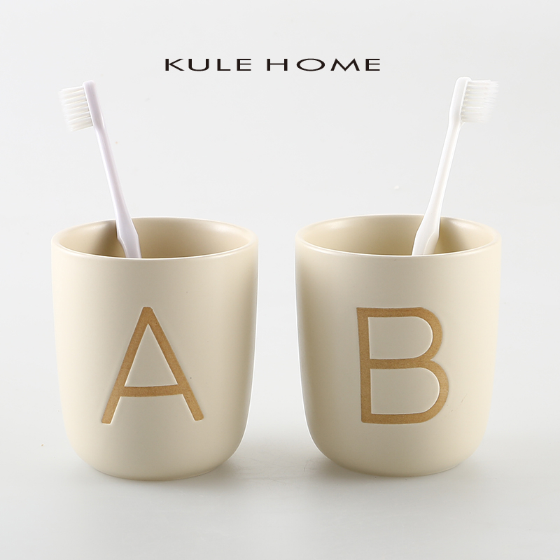 KULE HOMEl 漱口杯家用放牙刷的情侣家庭字母杯子牙缸陶瓷洗漱杯