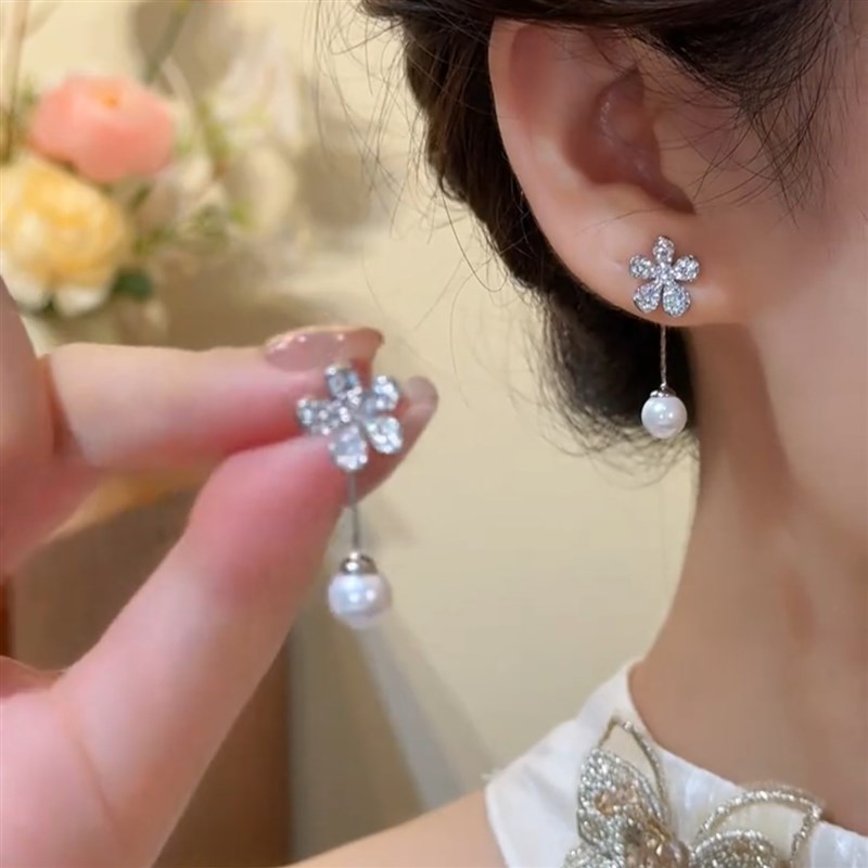 珍珠小雏菊银针耳钉后挂式时尚微镶一款两戴花朵S耳坠精美百搭耳