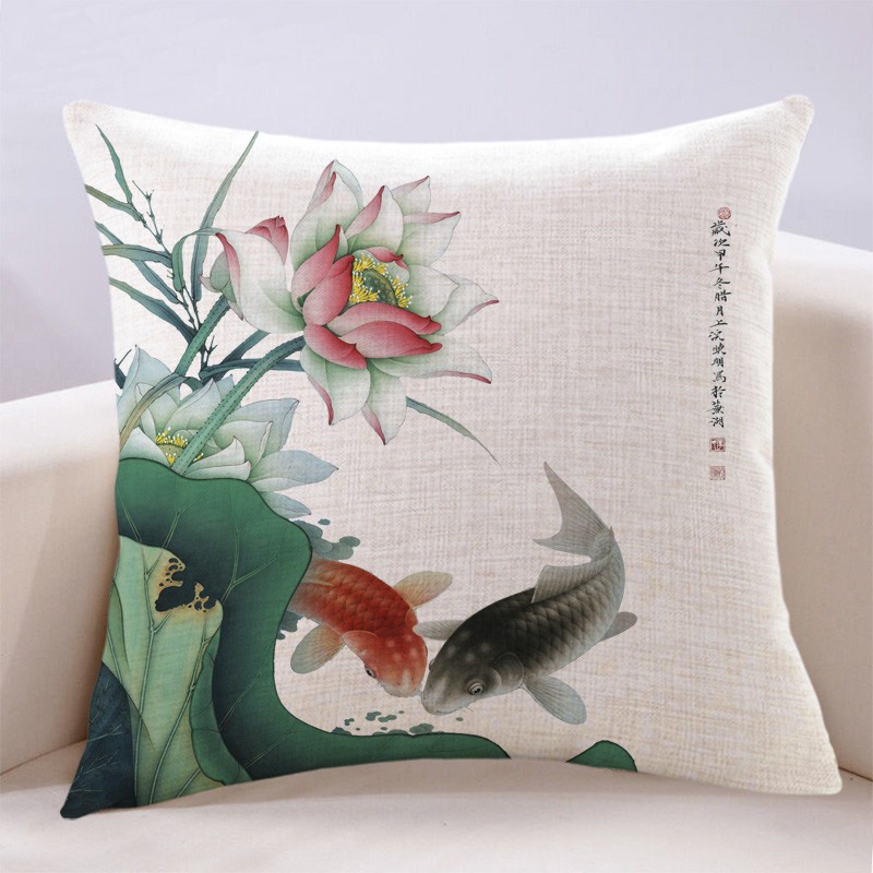 新中式古典荷花i客厅抱枕靠垫中国风禅意沙发高端大靠背枕套含枕