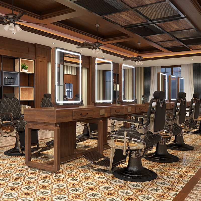 实木理发店镜台发廊中式带灯发光烫染镜台复古美发镜子美容镜子