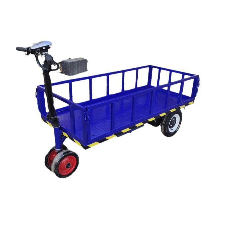 蓝色万向轮护栏小车电动平板搬运车四轮电动拉货车多用途