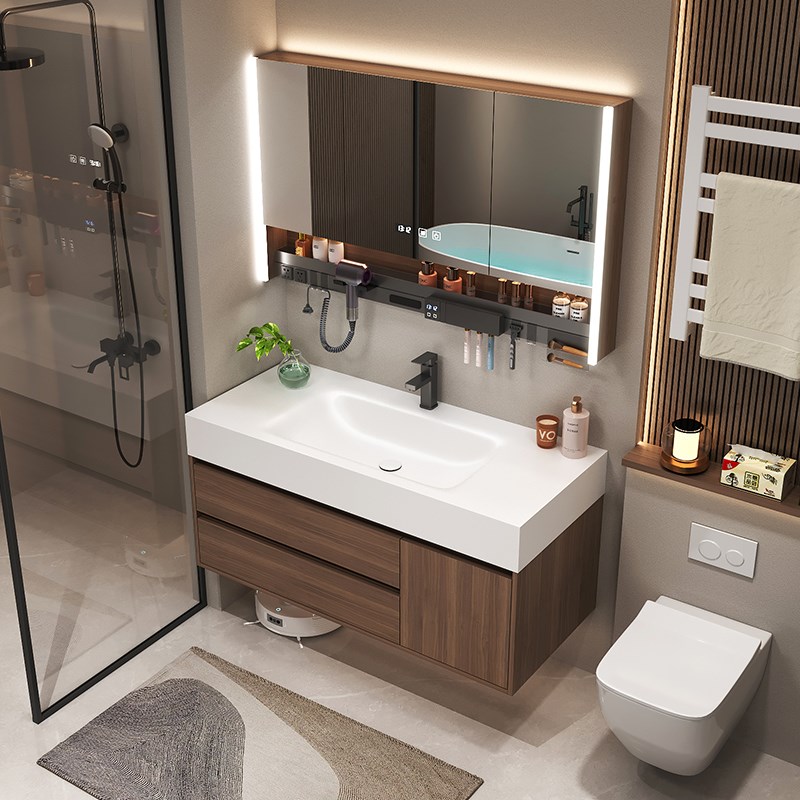 胡桃木轻奢岩板热弯一体r盆无缝浴室柜组合洗手盆洗漱台卫生间洗