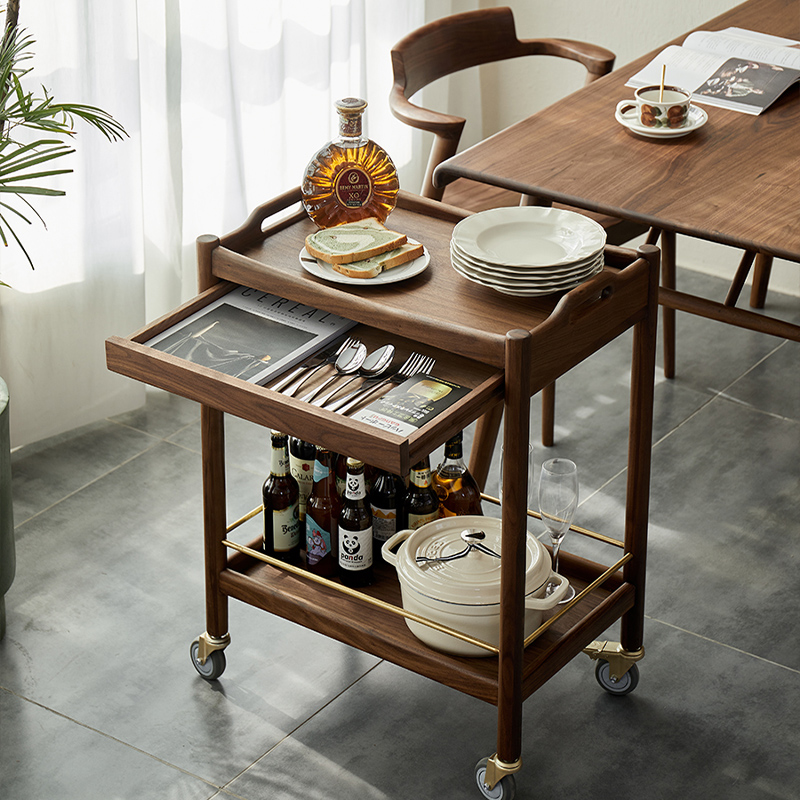 北欧实木边几带轮小推车s黑胡桃木沙发侧边柜客厅角几可移动茶几
