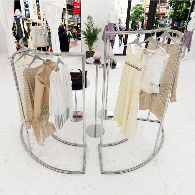 服装展示架高低半圆形挂衣杠子服装店橱窗展示流水台不锈钢中岛架