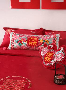 『鸳鸯囍』抱枕婚房床头长条靠婚枕中JYT式新红色喜事字结靠背
