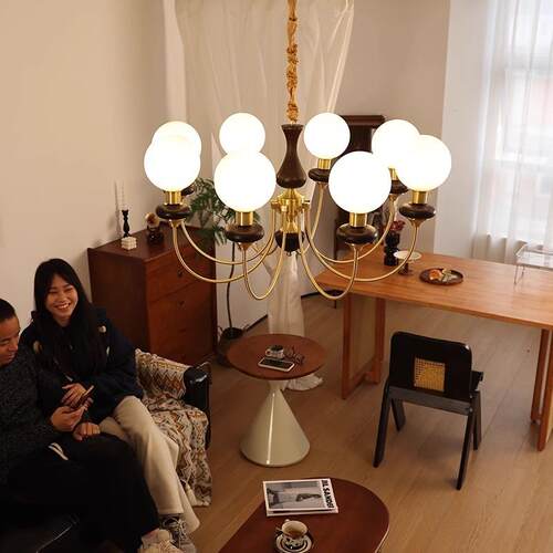 客厅吊灯式灯复古轻卧奢大气全铜玻璃魔豆餐48厅胡桃木主室书房美