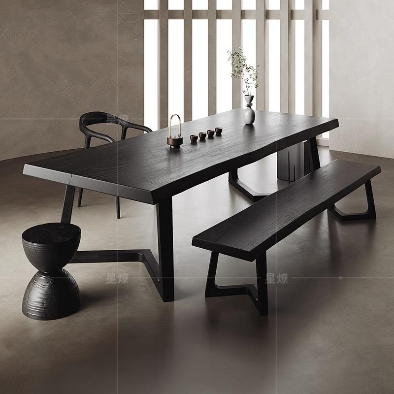 W实木茶桌议碳化黑大板桌9原木会桌办公桌子待洽谈茶无品牌/台长