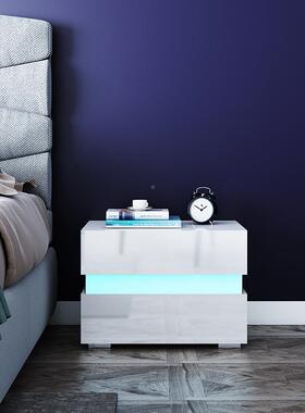 LED床头柜具白色高光泽两屉柜中间储物抽现19850代卧室装饰家侧桌