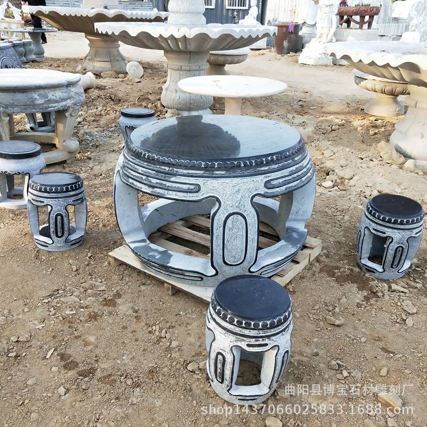 青石石雕桌子整体镂空中式仿古镜面大理石圆鼓石桌庭院装饰摆件