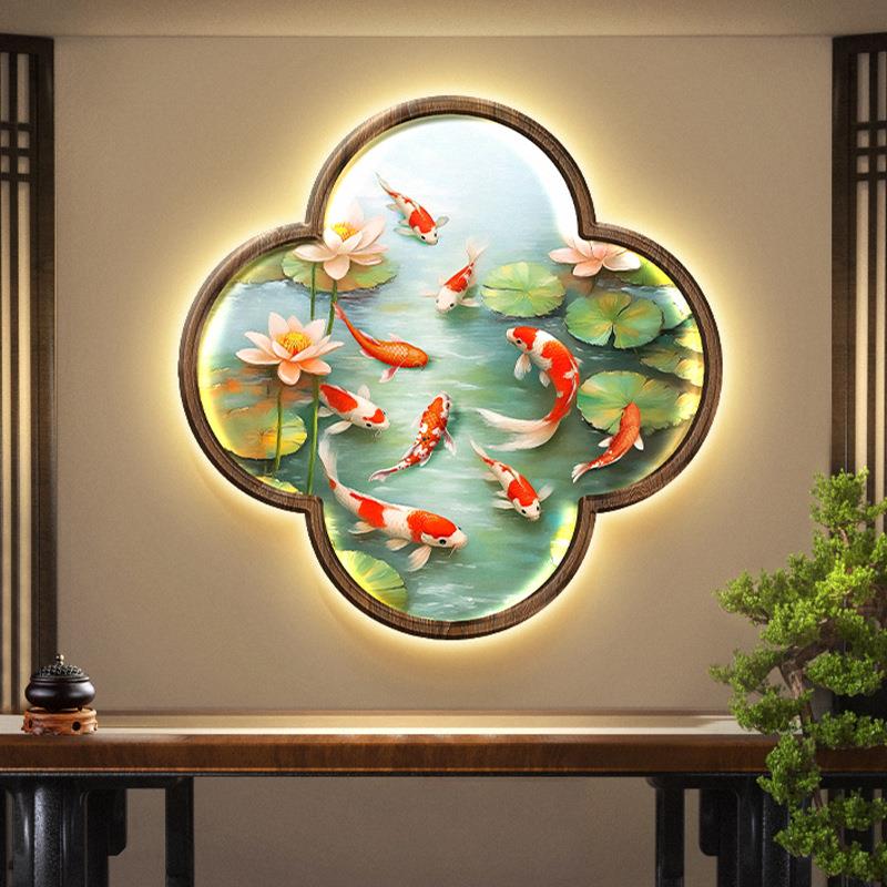 新中式鱼玄关装饰画图花荷梅花形走廊挂画茶假窗户室背景壁ONV画