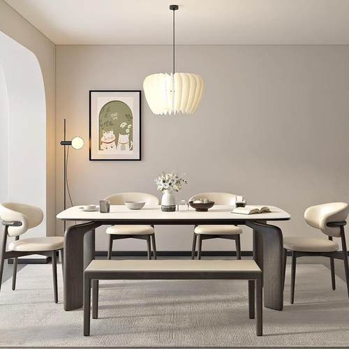 法式原木风桌户白蜡木岩板餐桌F017长方形家用小型吃饭大餐象腿椅