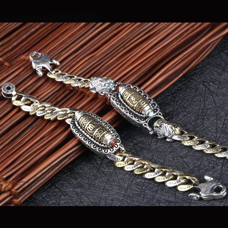 惜汝复古a手工银饰乌兰花旋转天珠貔貅六字真言转运坦克链手链