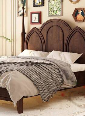 古主风美式木床卧1.581.法式现代复双人床简约-主卧室婚床实古木