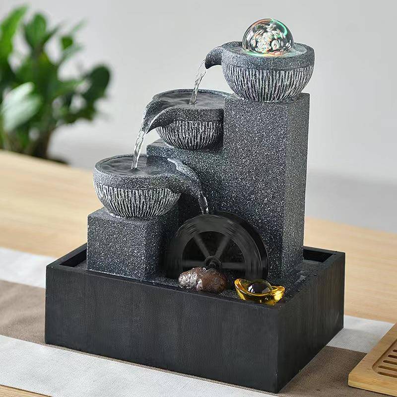 AGN桌面流水摆件财循生风水轮水车运茶台小型喷泉时来转招环财水