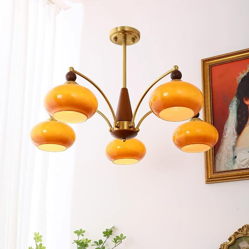 中柿子吊客厅吊灯奶油风简玻璃实木书房古灯实木约复古法719式卧