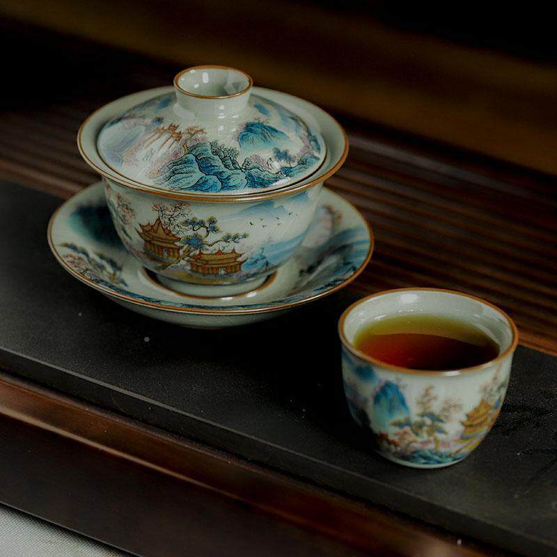 景桃11221镇老陶泥盖碗粉彩世外陶源三才盖碗瓷青花泡茶茶碗开片
