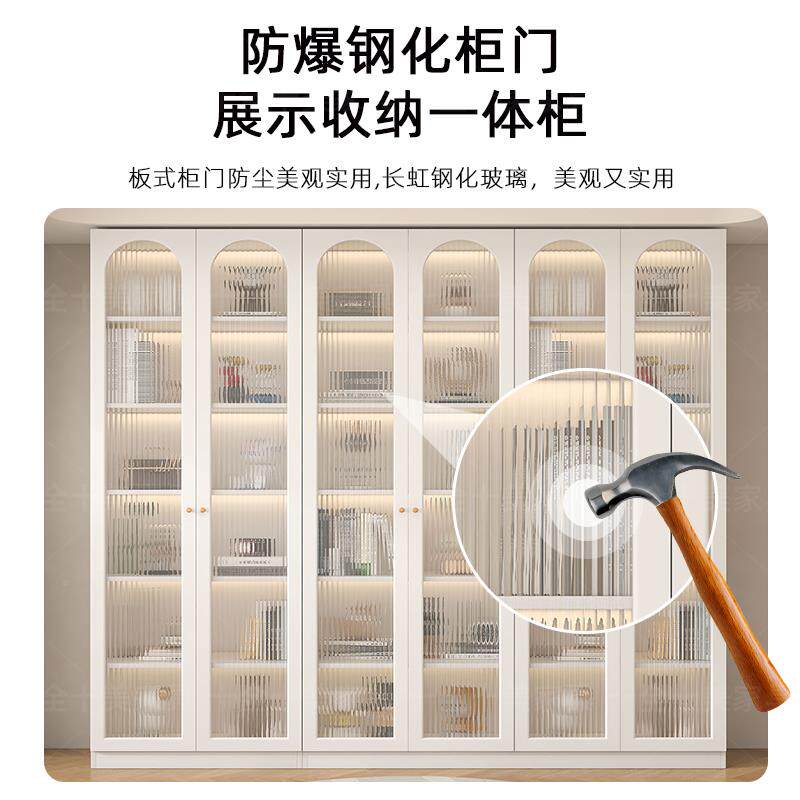 W7书柜带璃门展示柜子12-15-玻奶油风定制橱一体玻整墙到顶书架落