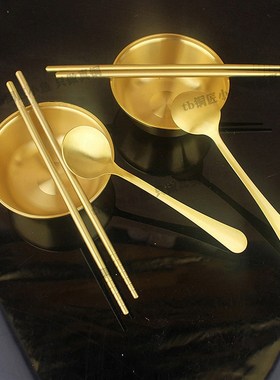 金饭碗黄铜饭碗三l件套摆件纯铜碗筷子勺子一套铜餐具小号家用全