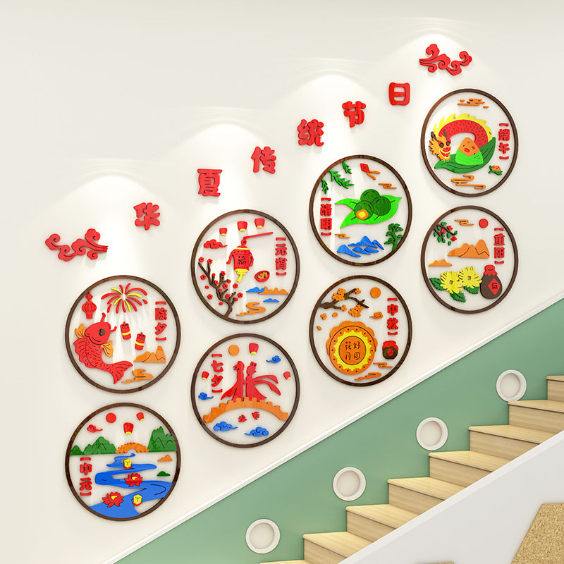 中国传统节日主题文化墙面装饰幼儿园教室楼梯环创布置Z材料墙贴