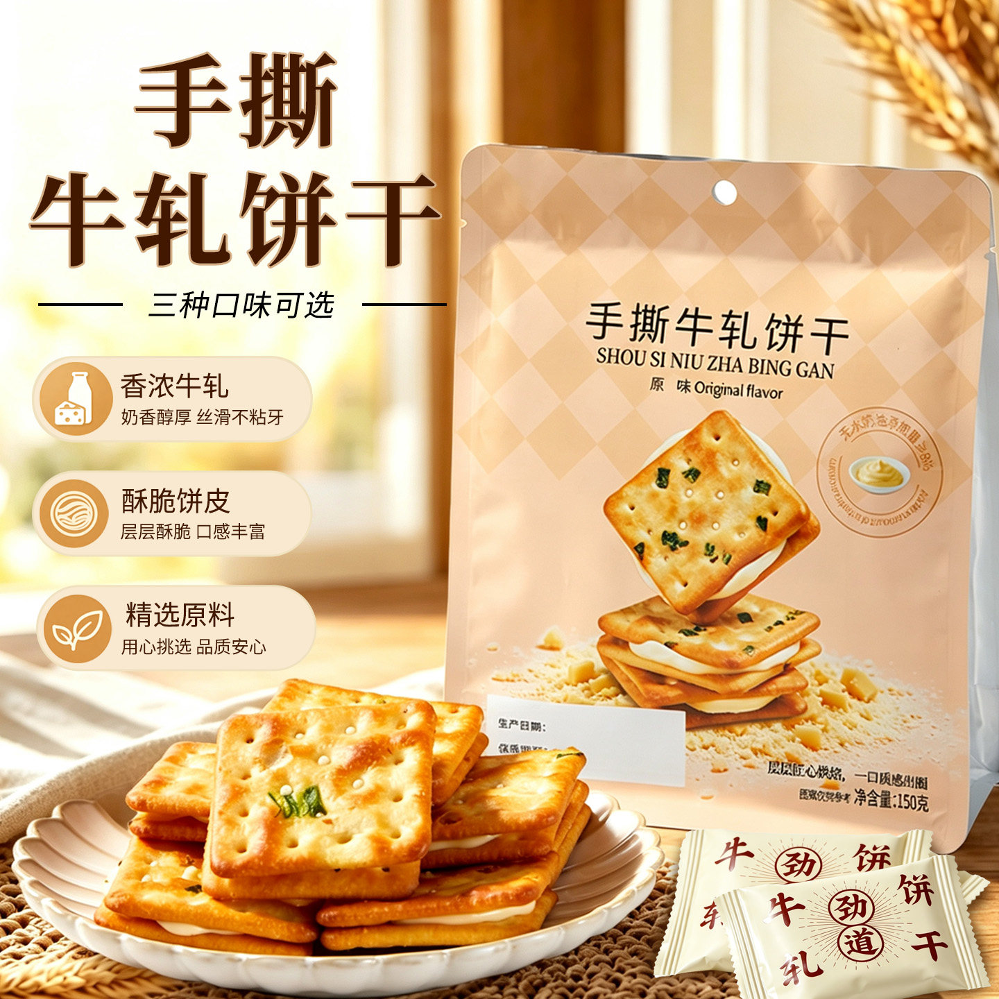 云朵手撕牛轧夹心饼干咸味抹茶蔓夹心饼干