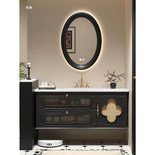 法复古生雕花实木烤式浴室柜卫间一体盆双盆漆中810古风洗脸洗漱