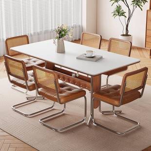 中古风岩板餐桌现代简297约木小户型家用法式 复长方形实不古锈钢