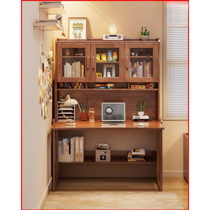 小户型儿童学习桌电脑桌子简易工作台实木折叠书桌书架一体桌