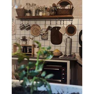 厨房墙置物架上免打孔实木壁挂纳中厨房置物古一字隔板风餐厅吧台