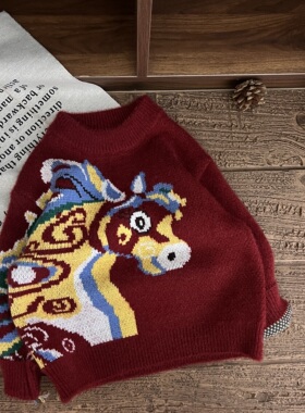 甜甜圈-虹虹Tia -6905 红色卡通马 提花小马针织衫