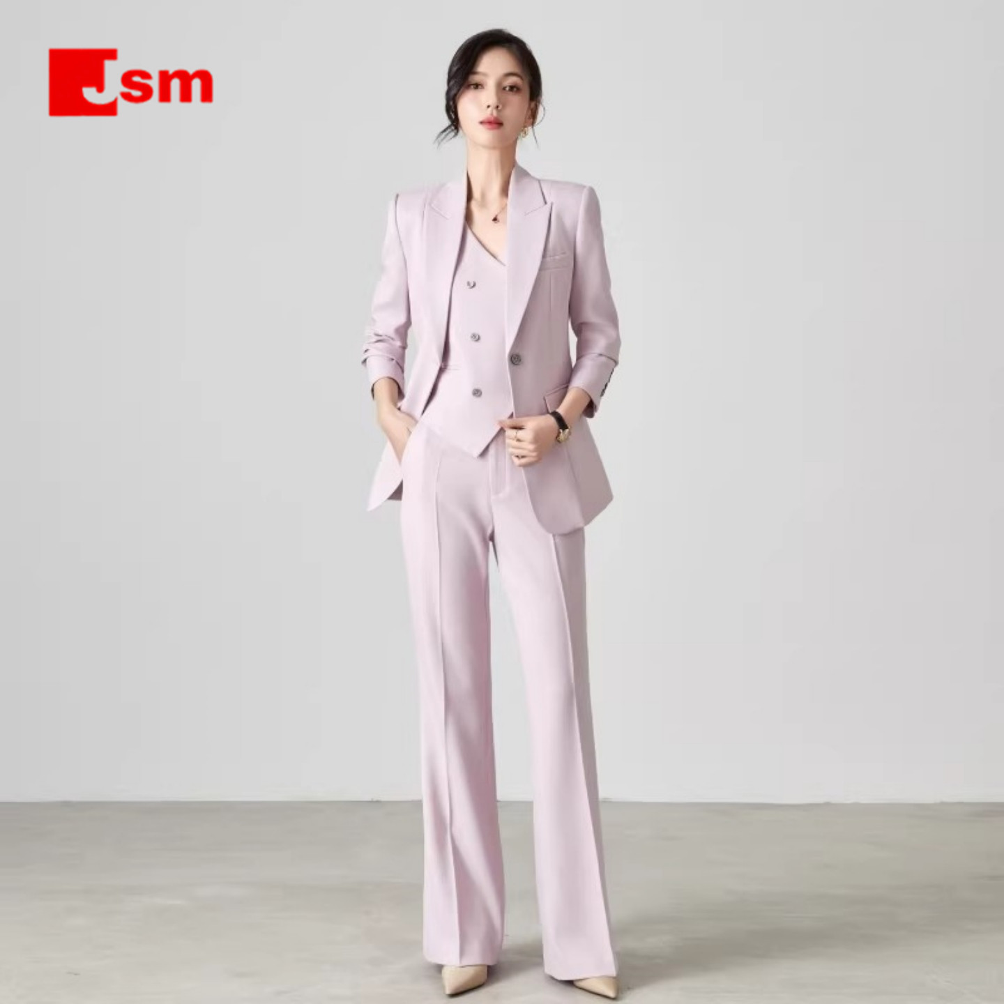 2026春秋新款气质显白高级感粉紫色职业西装女正装马甲套装三件套