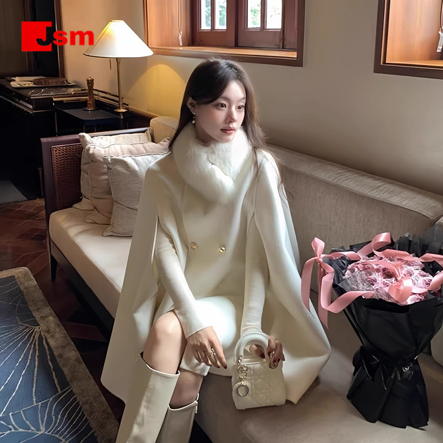 就世美狐狸毛双面羊绒短款披肩斗篷大衣女冬装小个子羊毛呢外套