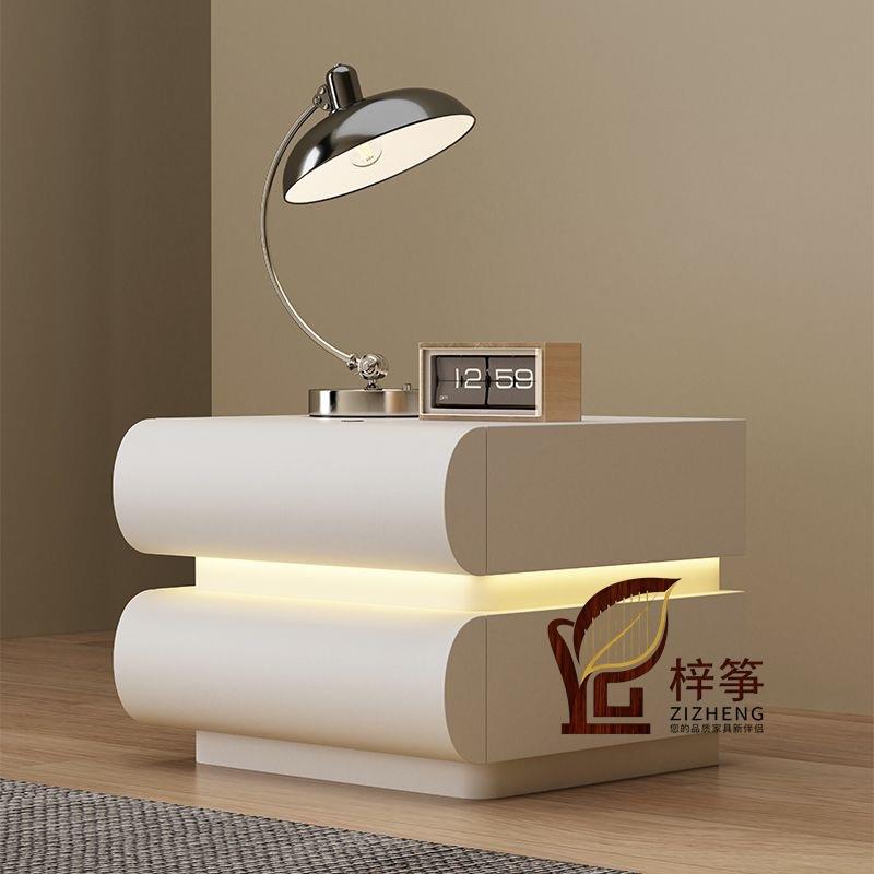 新款家用网红奶油白色床头柜皮质意式极简卧室实木床边收纳储物