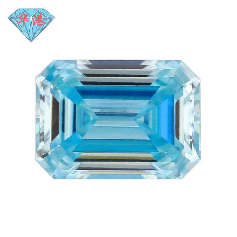 华港宝石 祖母绿切割海蓝色莫桑石裸钻 长方倒角车平人造戒面主石