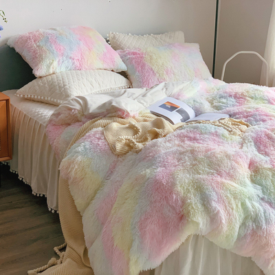 冬季白色水貂绒床上四件q套公主风被套长毛绒双面水晶绒夹棉床裙