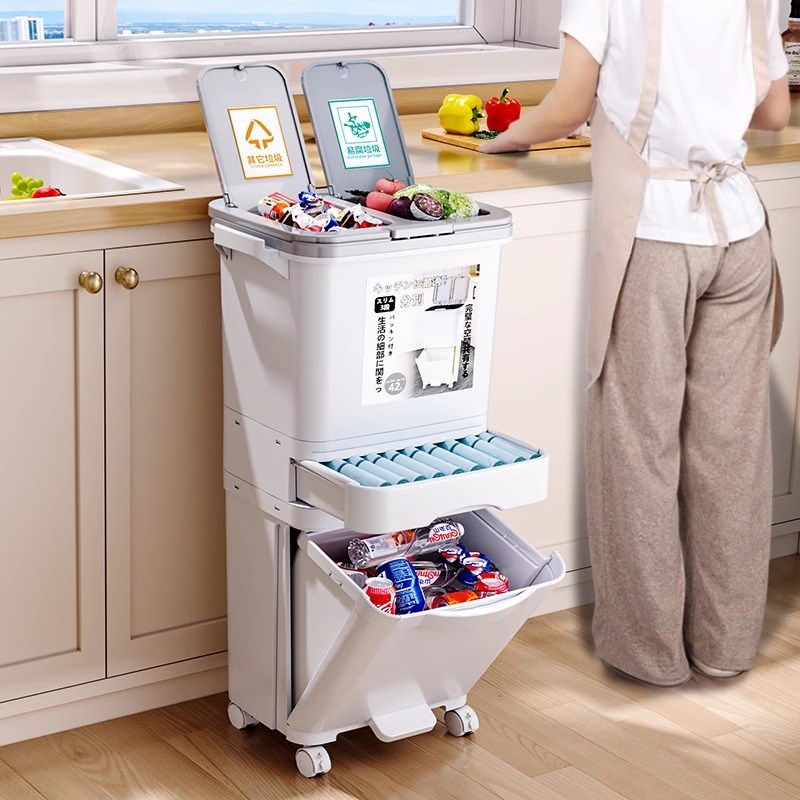 日式厨房垃圾桶家用大容量带盖免弯腰专用厨余干T湿分离分类可移
