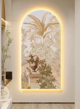 法式油风LED灯画入户玄过关装饰画植物拱形挂画道走廊尽奶头QWR壁