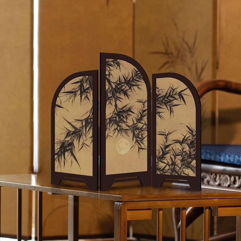 竹中古风墨AL101707小居屏风桌面摆件新中式茶桌家斗装饰柜品复古