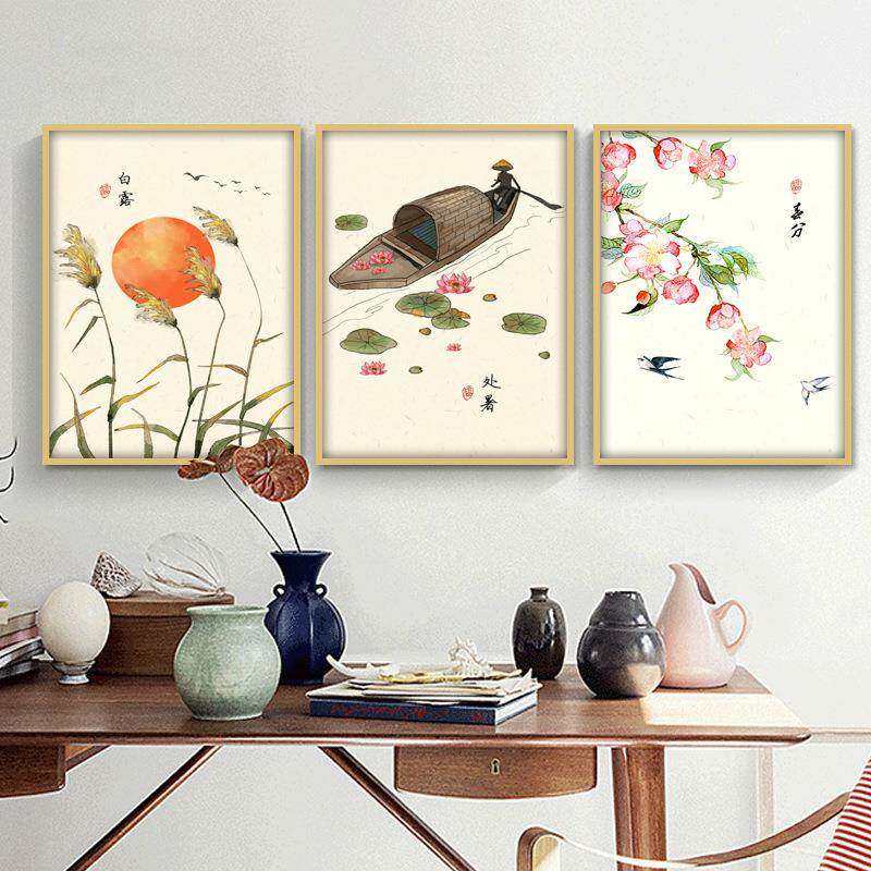 新X790中式装饰联画2客4节气挂画中国古风厅餐厅三画简约墨民水俗