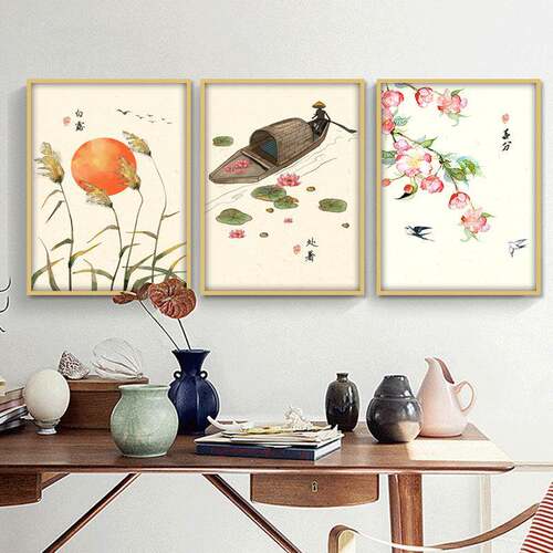 新X790中式装饰联画2客4节气挂画中国古风厅餐厅三画简约墨民水俗