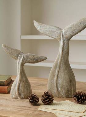 海洋风创意实木复古手工鱼尾巴摆件民宿样板房装饰鲸鱼尾巴工艺品