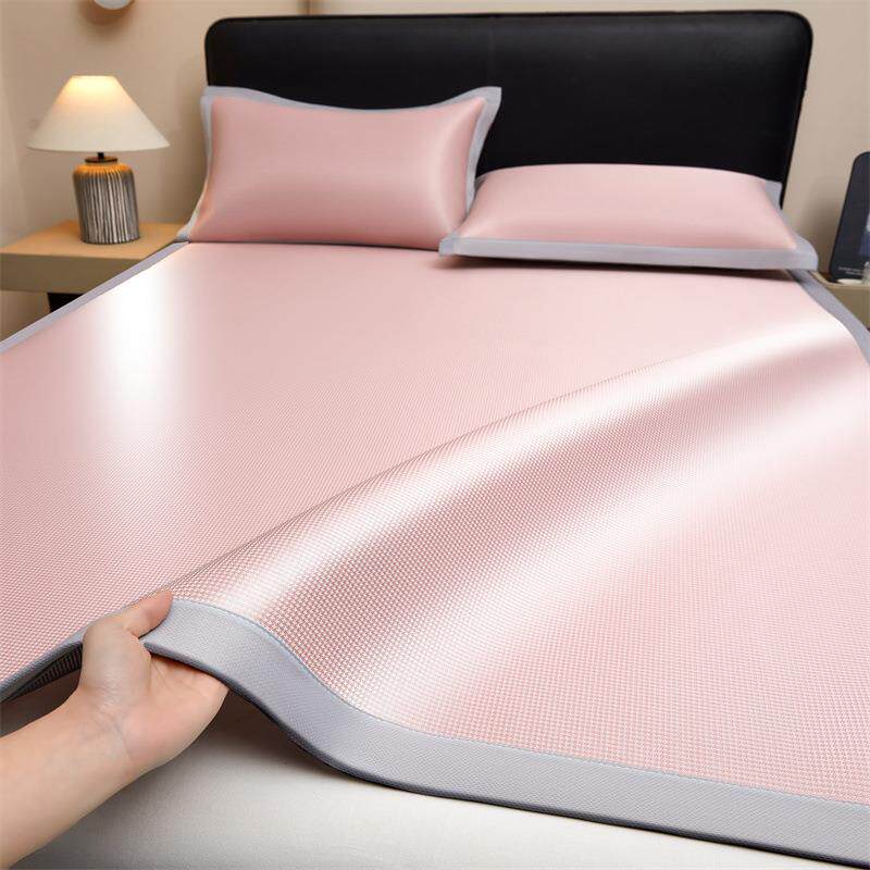 新款碳光冰丝席三件套三明治凉感纯色席子平铺绑带款可机洗可折叠