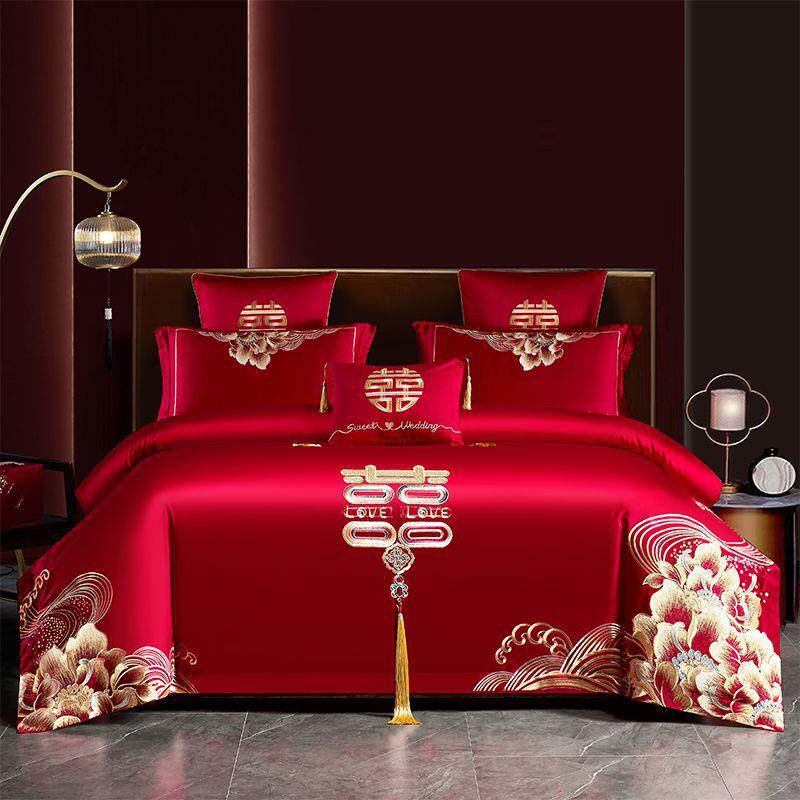 婚庆四件套大红色刺绣新婚喜被套件纯棉婚房绣花结婚床上用品全棉