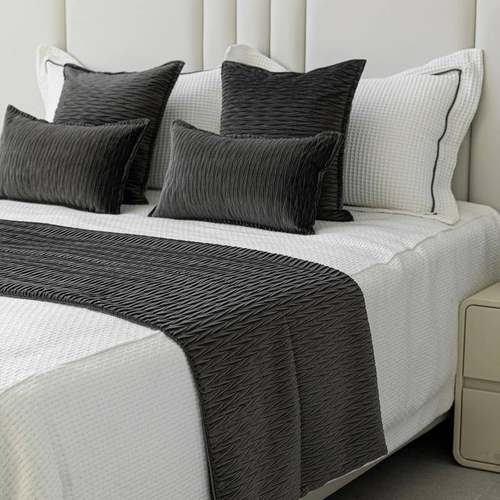 灰色绒面压褶酒店床品套件现代简约样板间床旗床尾巾民宿抱枕靠垫