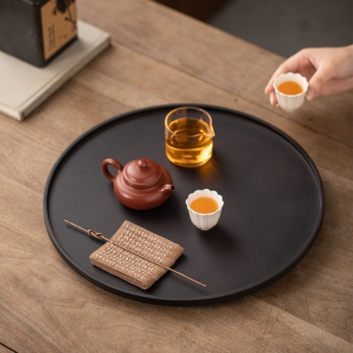 碳化实木圆盘简约干泡茶盘家用简约餐托盘多用托盘茶具茶道收纳