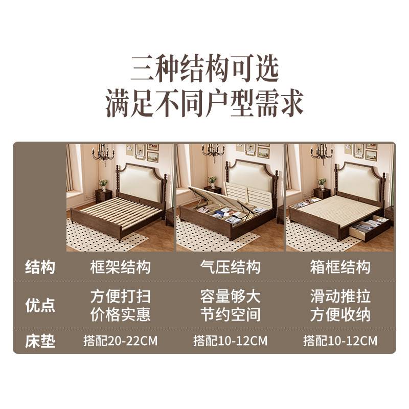 乡村美式实木床头软包1.8m双人床现代简约法式床复古欧式床储物床