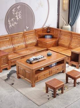 实厅木贵沙发客CBU中式农村转角实木全雕花组合发沙储物香樟木沙发妃