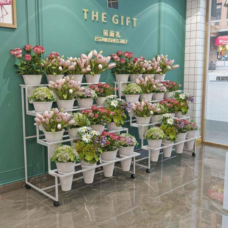 花店鲜花展示架多层阶梯花架摆花带万向轮铁艺架子花桶塑料花筒